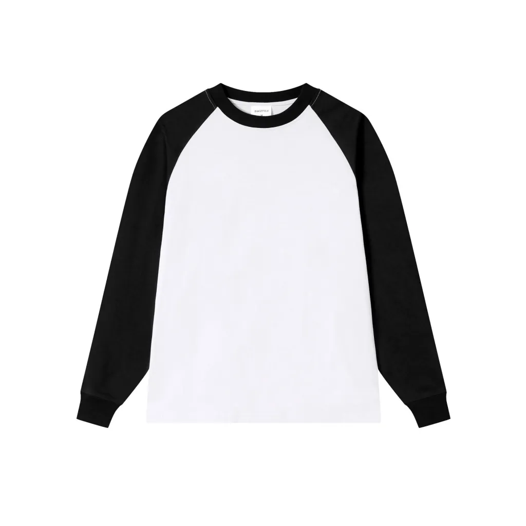 Heavy Cotton Thread Sleeve Colour Matching Raglan Round Neck Bottoming Shirt For Women - Coconut White And Sesame Black