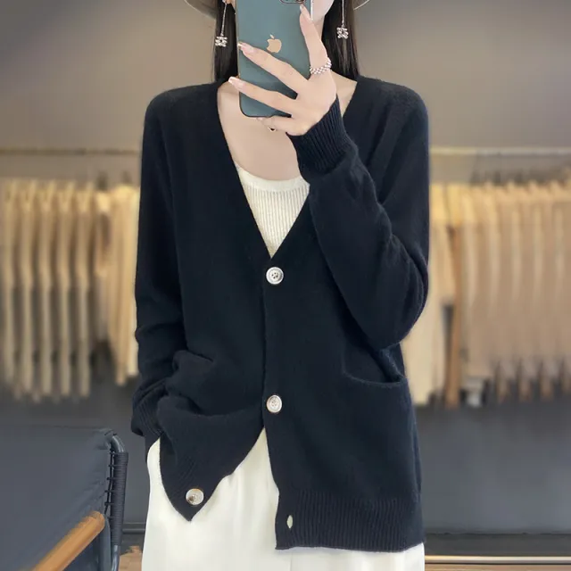 New Knitwear Cardigan Outer Wear Short Sweater With Pocket Coat Black - Shop at LoveMi
