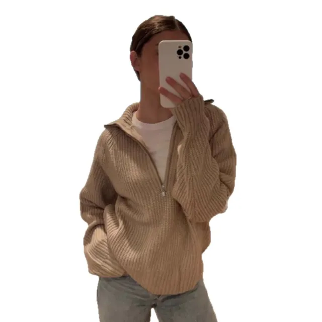 Half Open Placket Zipper Pullover Knitted Top Khaki - Shop at LoveMi