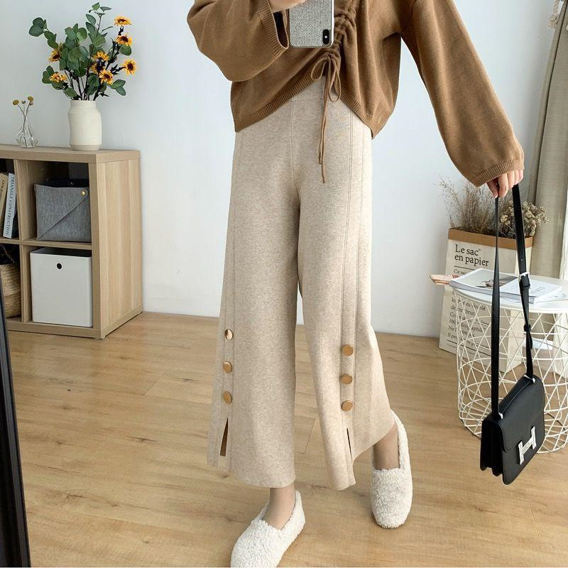 High Waist Design Sense Bootcut Pants Loose Slimming And Wide Leg Slit Knitted Women's Casual Trousers