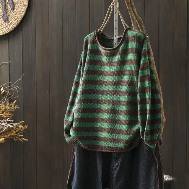 Artistic Plus Size Contrast Color Striped Knitted Sweater Coffee And Green - Shop at LoveMi