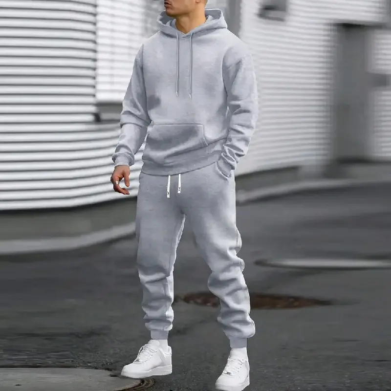 Men's Casual Sports Suit Solid Color Hoodie with Gridles