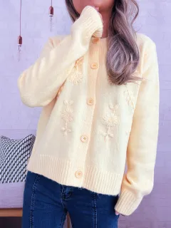 Simple Casual Flower Cardigan Round Neck Long Sleeve Sweater - Yellow - View 1