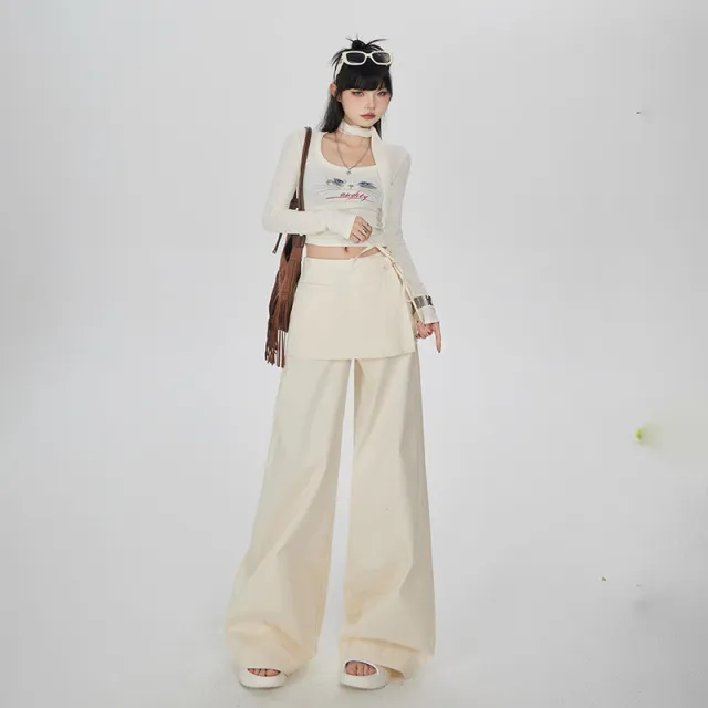 Bandage Dress Fake Two piece Casual Wide leg Pants Slimming Straight leg Trousers Khaki Lengthened - Shop at LoveMi