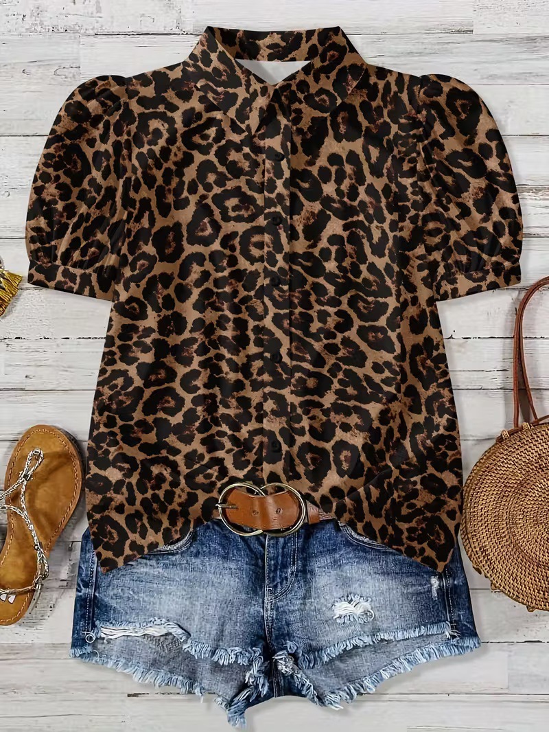Leopard Print Statement Blouse for Women, Short Sleeve