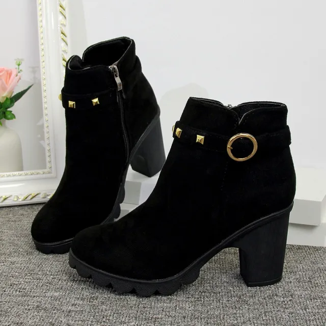 High Heel Women's Chunky Heel Round Toe Side Zipper Ankle Boots Black - Shop at LoveMi