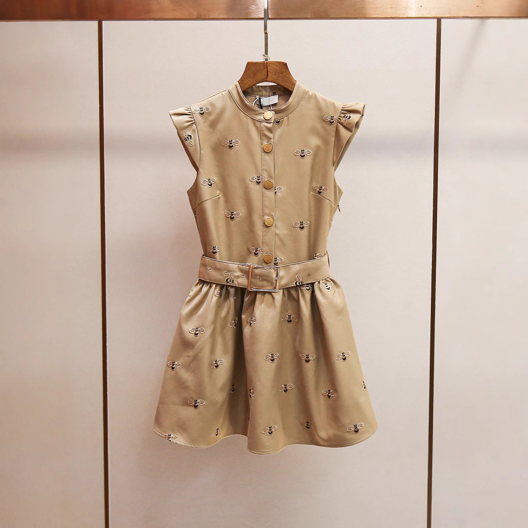 French Chic Bee-Embroidered Ruffle-Sleeve Dress For Women