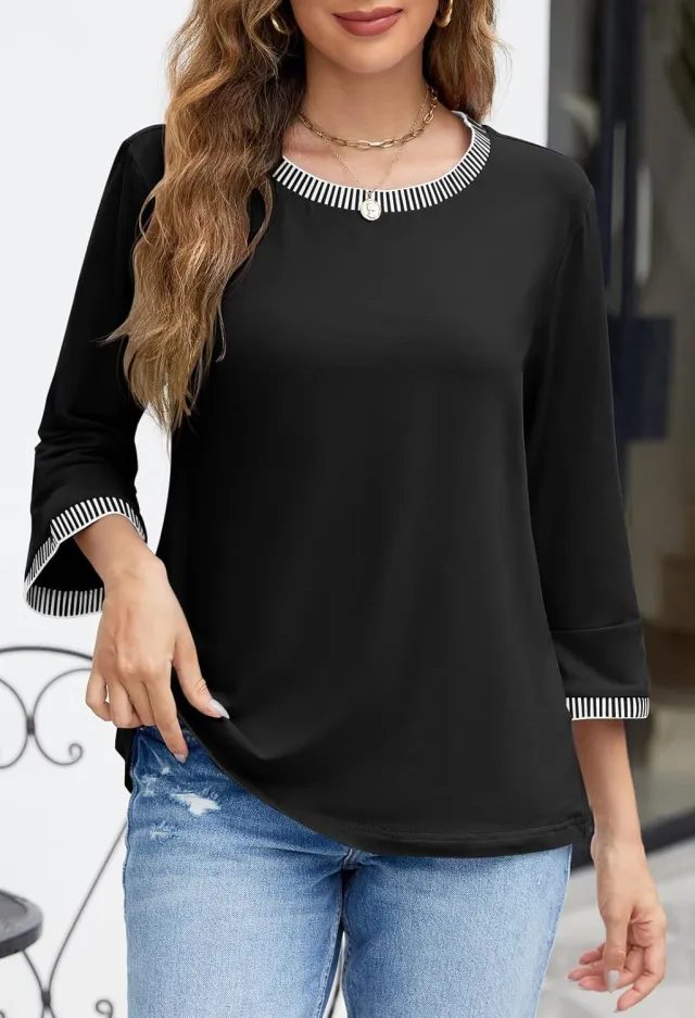 Women's Contrast Color Thread Round Neck Top Solid Color Black - Shop at LoveMi