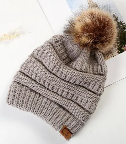 Warm Hat Thickening Not Fleece lined Knitting Plus Fur Ball Light Gray - Shop at LoveMi