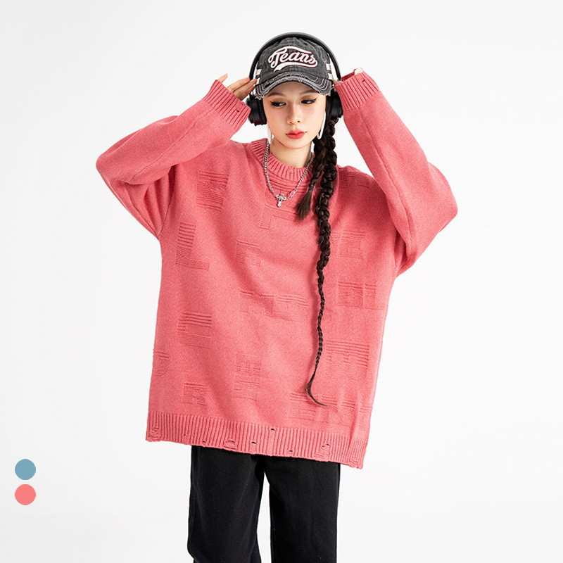 Street Fashion Letter Jacquard Round Neck Ripped Sweater