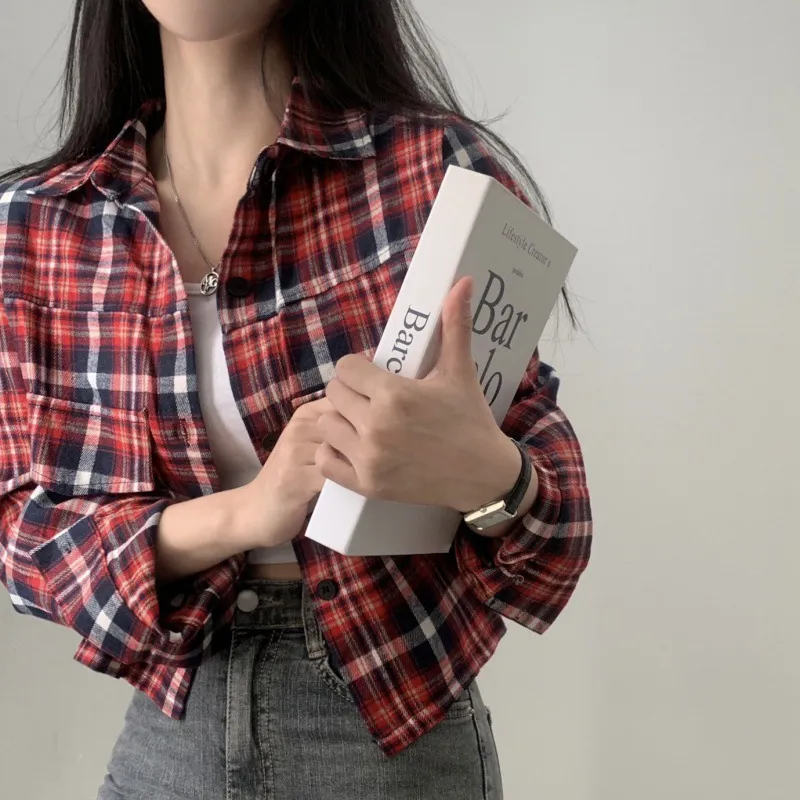Short Long Sleeve Plaid Shirt Fashion Baggy Coat - Red