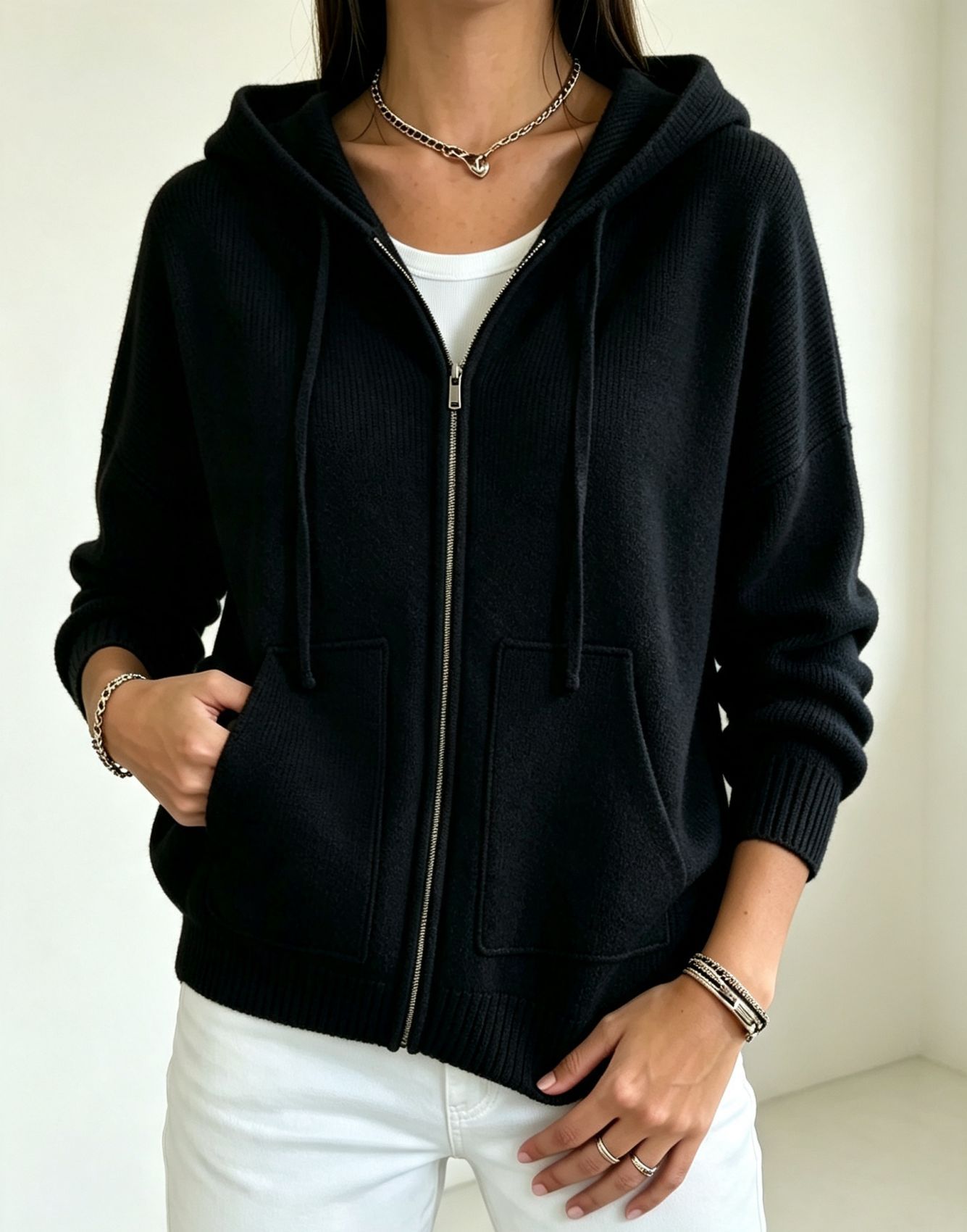 Solid-color Hooded Zip-up Loose-fit Knit Cardigan For Women 11