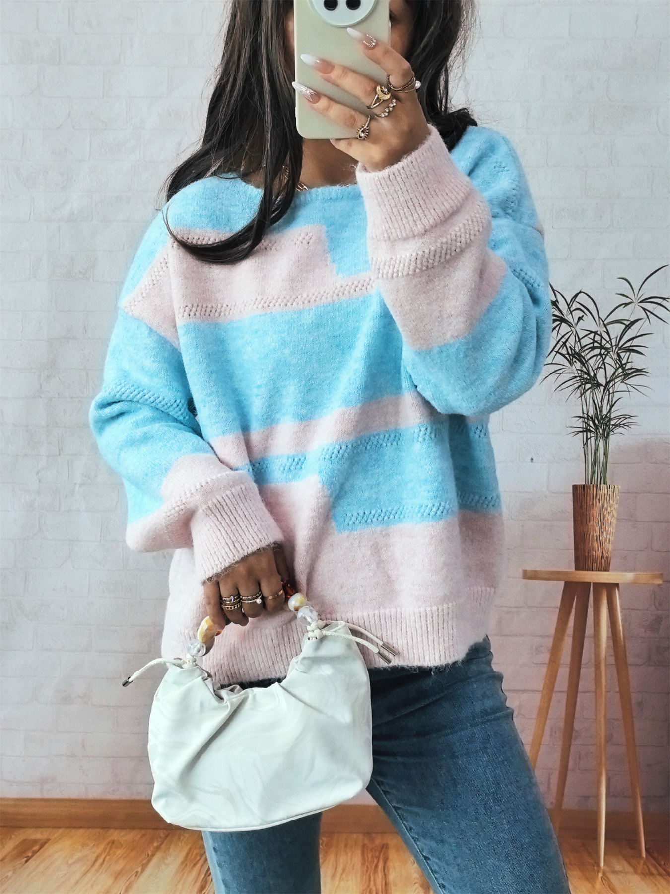 Simple Commute Irregular Contrast Color Round Neck Long Sleeve Sweater