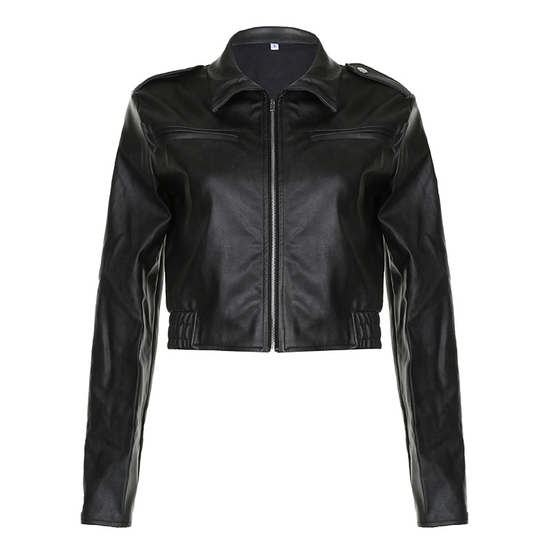 Women's Retro Style Lapel Long sleeved Leather Jacket Black - Shop at LoveMi