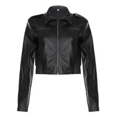 Women's Retro Style Lapel Long-sleeved Leather Jacket - Black - View 1