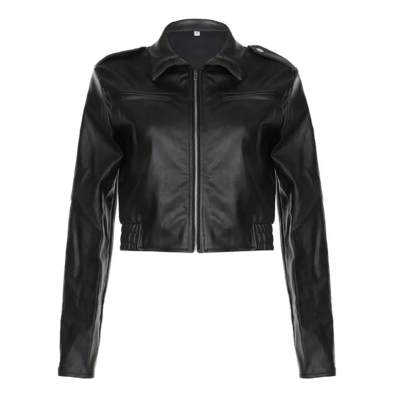 Women's Retro Style Lapel Long-sleeved Leather Jacket - Black
