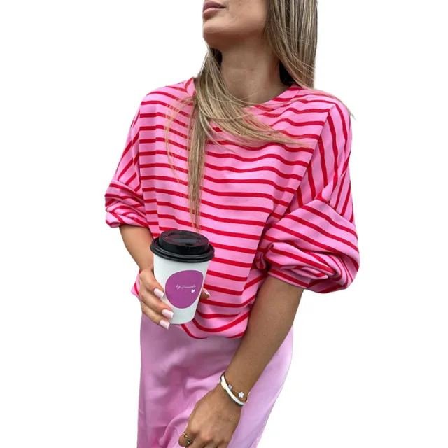 Women's Striped Loose All match Round Neck Pullover Sweater Rose Red - Shop at LoveMi