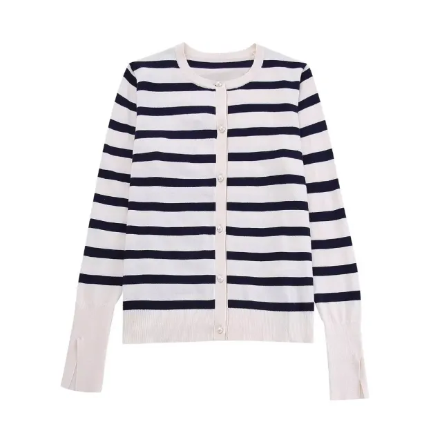 Single breasted Striped Two color Cardigan Black And White Stripes - Shop at LoveMi