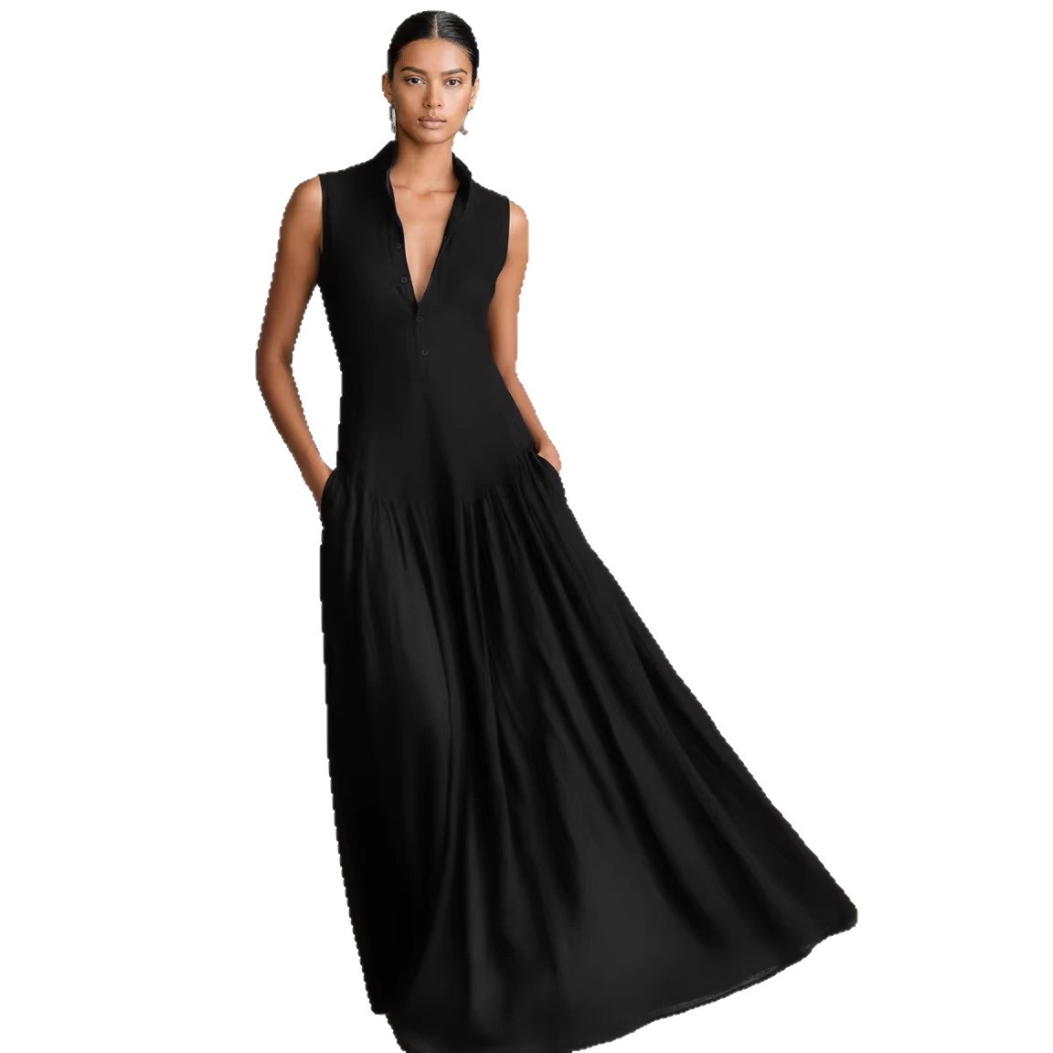 Slim-fit V-neck Long Sleeveless Dress