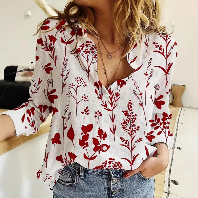Women's 3D Digital Printing Lapel Collar Long sleeved Shirt Red - Shop at LoveMi