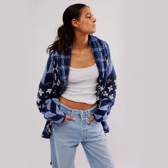 Knitwear Abstract Lapel Loose fitting Long Sleeve Sweater Women Blue - Shop at LoveMi