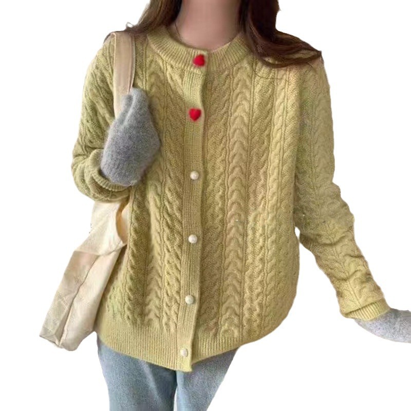 Heart Buckle Round Neck Single-breasted Knitted Cardigan Loose Casual Sweater Coat