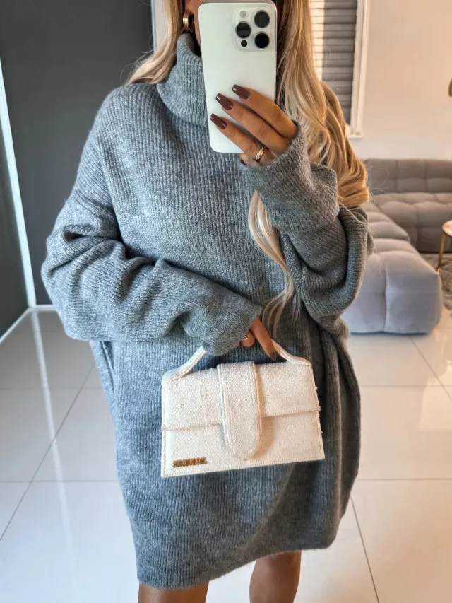 Women's Turtleneck Long Sleeve Knitted Long Sweater Gray - Shop at LoveMi