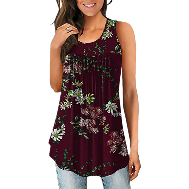 Women's Printed Round Neck Pleated Sleeveless Vest Top - Wine