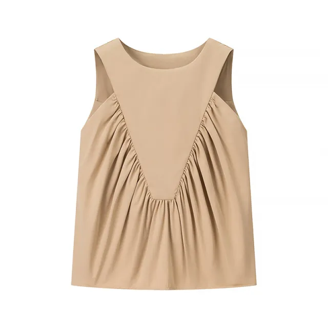 Design Pleated Loose Solid Color Vest Top Khaki - Shop at LoveMi
