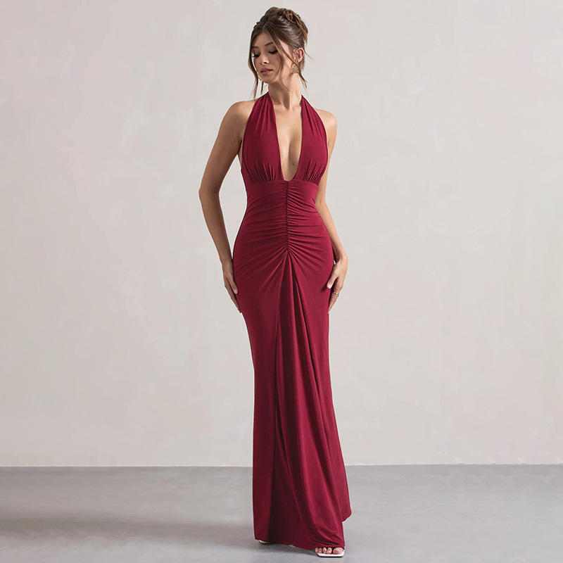 Fashionable Elegant Slim Fit V-neck Halter Pleated Slimming Foundation Dress