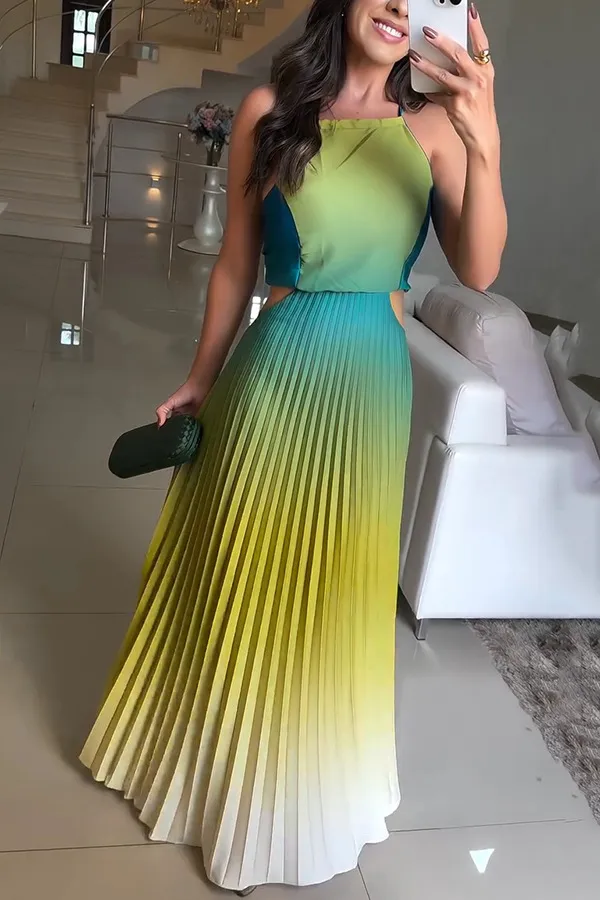 New European And American Sleeveless Pleated Backless Gradient Color Dress - Green
