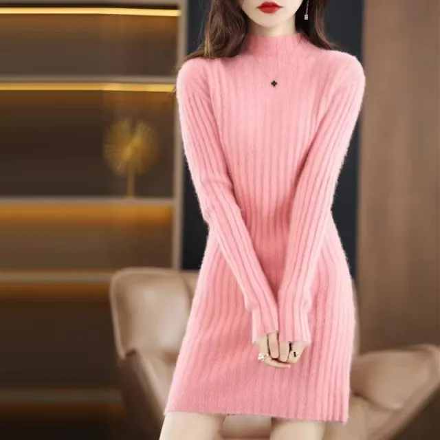 Autumn And Winter Artificial Mink Cashmere Sweater Women's Half Turtleneck Slim Fit Slimming Pink - Shop at LoveMi