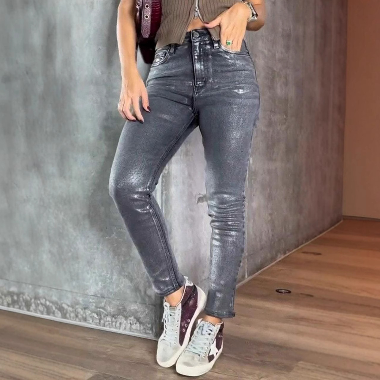 Womens Gold- And Silver-Stamping Stretch Skinny Jeans