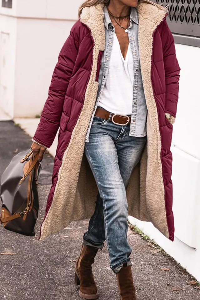 Solid Color Hooded Long Coat Winter Long Sleeve Double sided Wear Slim Elegant Cardigan Jacket Top Women's Clothing Wine Red - Shop at LoveMi
