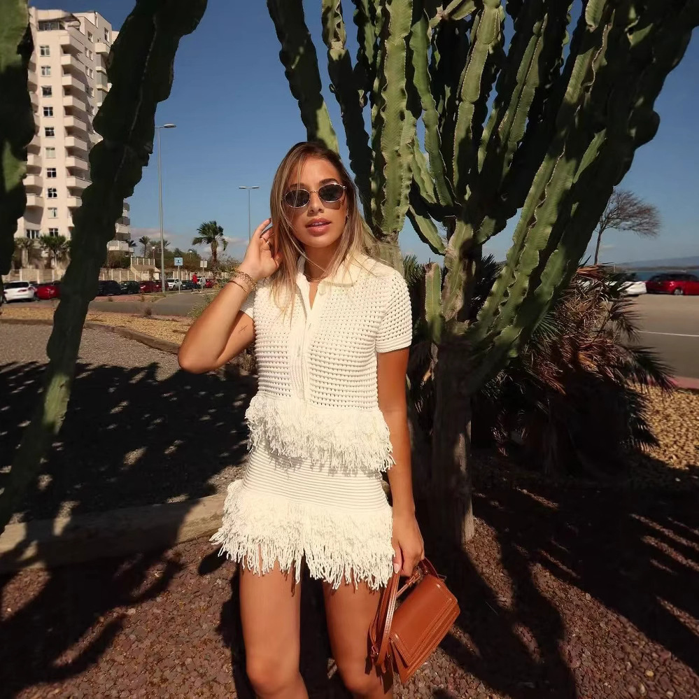 Tassel Short Sleeve Knitted Coat High Waist Mini Skirt Suit