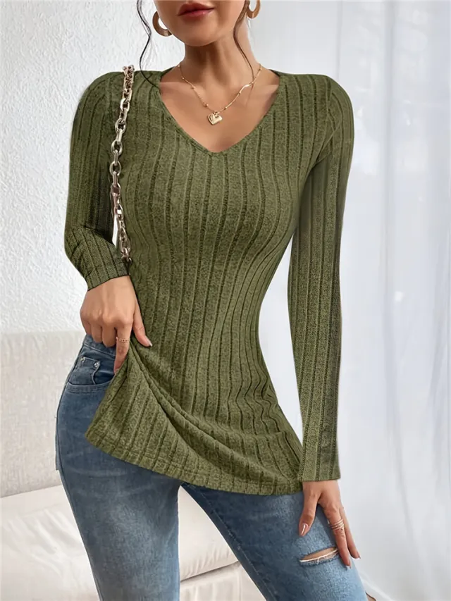 Women's Autumn Winter Coat V neck Long Sleeve Sunken Stripe Brushed T shirt Green - Shop at LoveMi