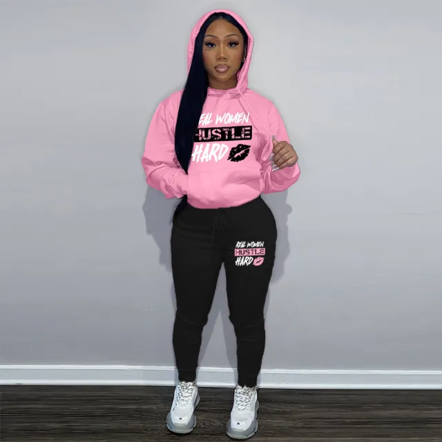 Plus Velvet Hoodie Casual Printed Sports Suit Black - Shop at LoveMi
