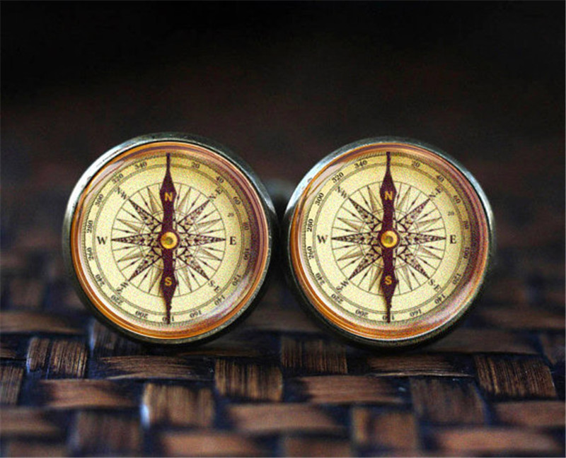 Vintage Compass Time Stone Men's Suit Cufflinks (Silver)