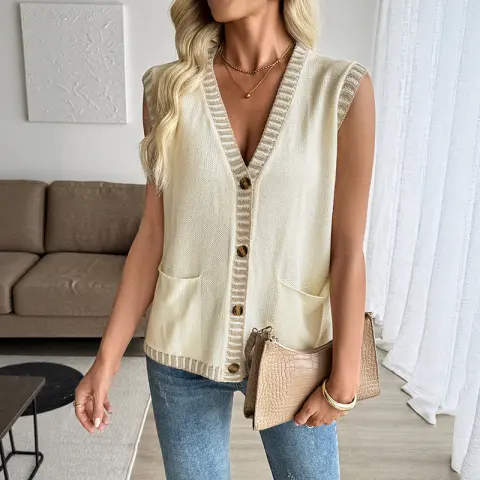 Classic Style Contrast Color Sleeveless Cardigan Knitted Vest Top