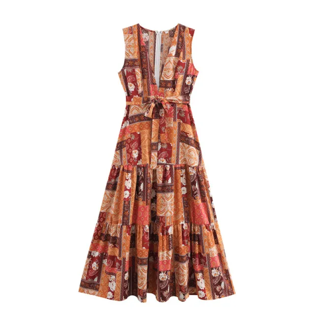 European And American Style Simple Casual Ethnic Style V neck Sleeveless Lace up Waist Long Dress - Shop at LoveMi