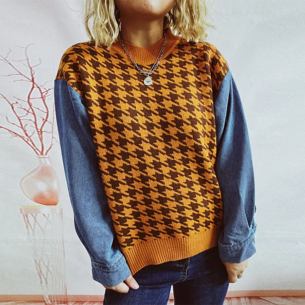 Women's Denim Sleeve Stitching Houndstooth Round Neck Long Sleeve Sweater - Yellow