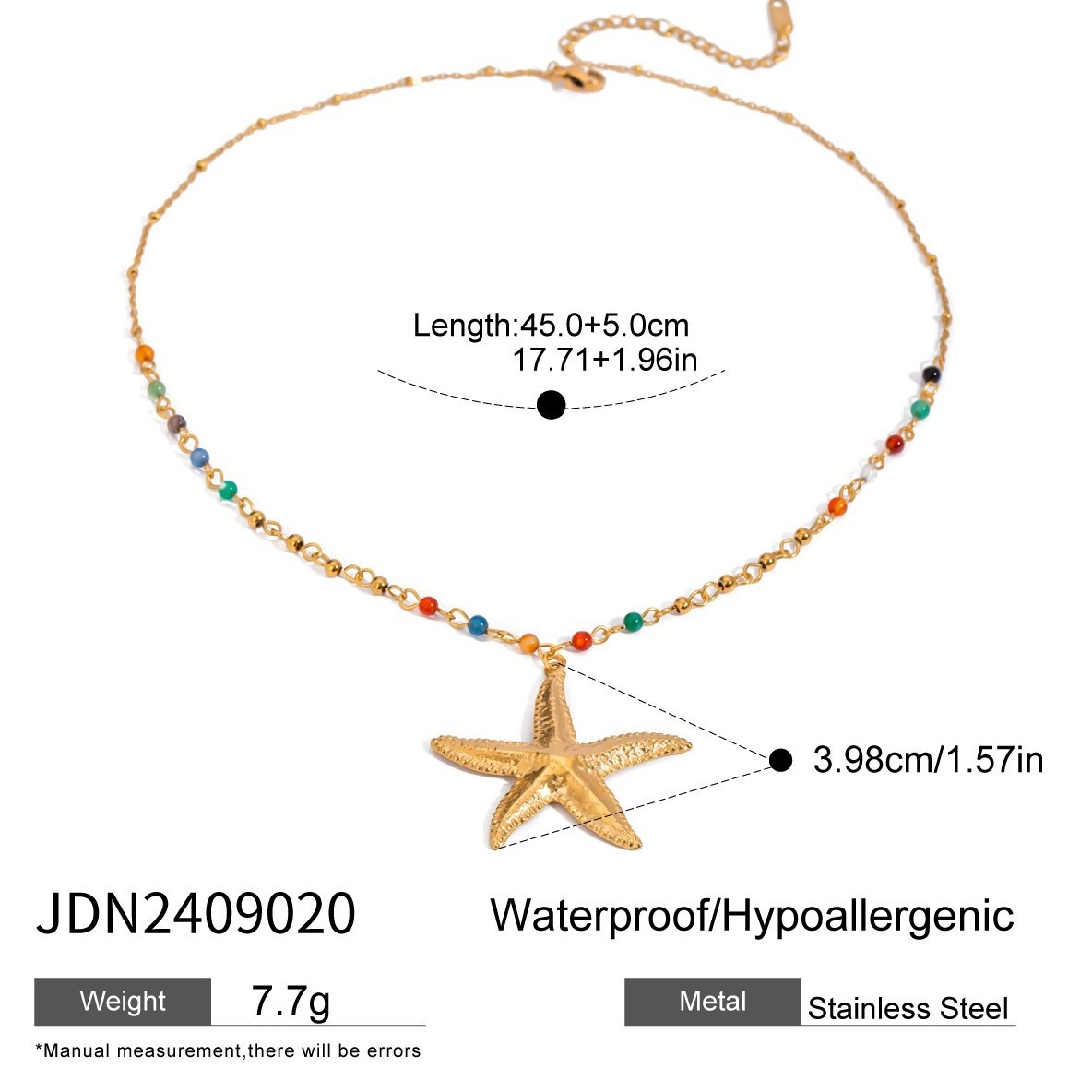 European And American Stainless Steel Colorful Beads Hammered Starfish Pendant Necklace