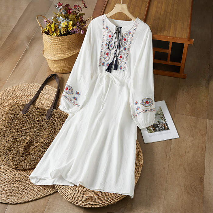 Cotton Linen Embroidered Tassel Waistband Dress Ethnic Style Artistic Skirt White - Shop at LoveMi