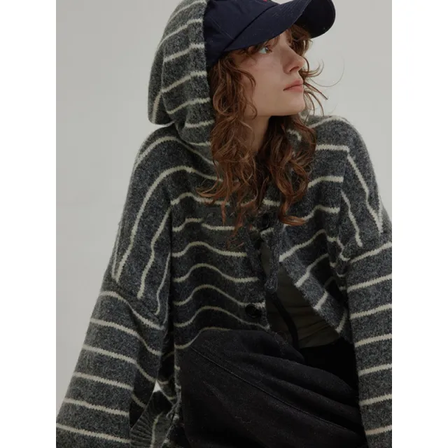 Versatile Contrast Color Striped Hooded Knitted Vintage Artistic Lazy Mid length Sweater Gray - Shop at LoveMi