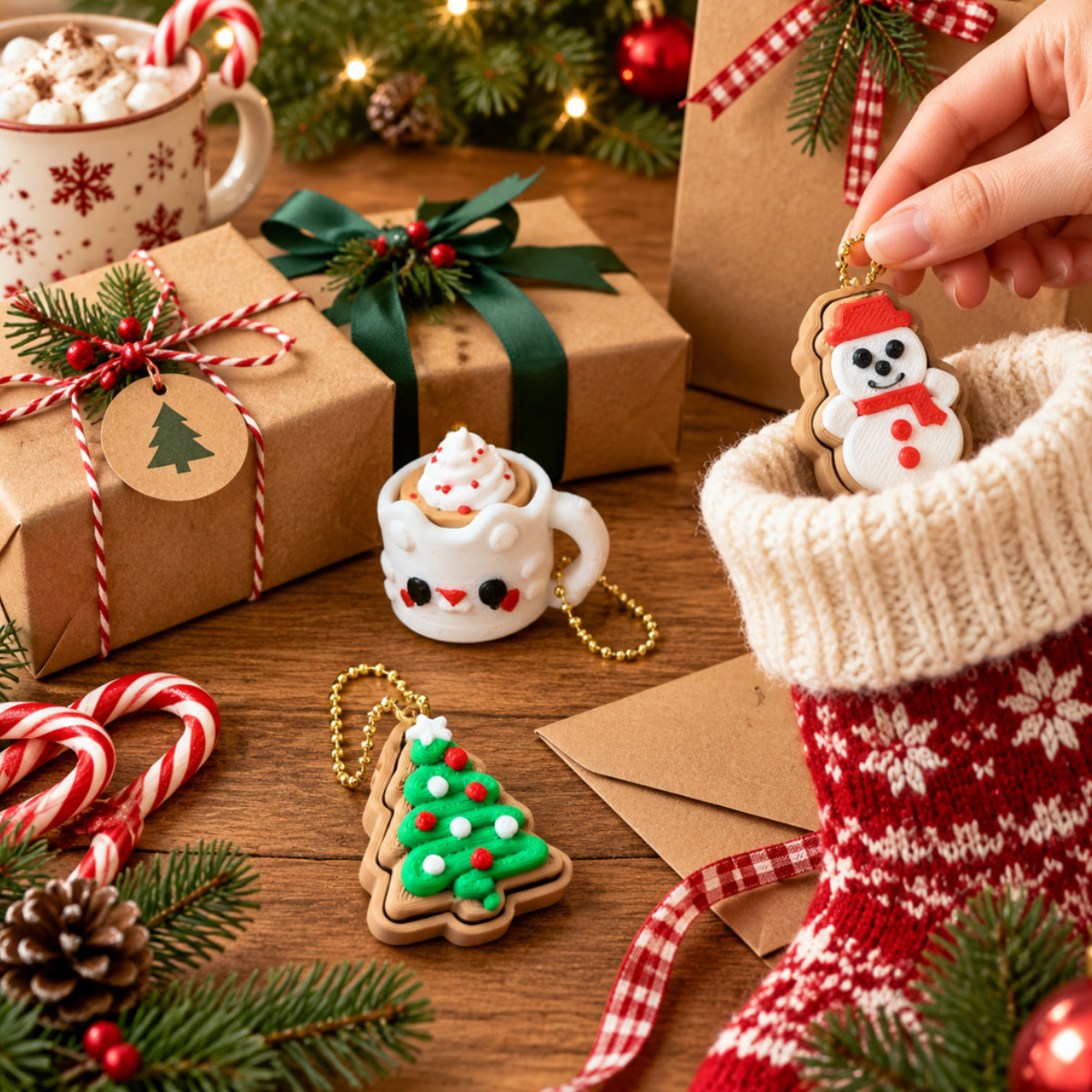 Christmas Desktop Decoration Christmas Tree Gingerbread Hot Cocoa Keychain 3D-Printed Pendant