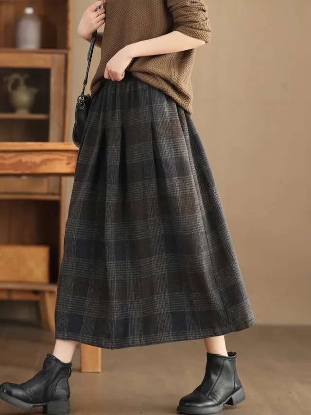 Women's Wool Skirt Yarn dyed Plaid Warm A Line Blue - Shop at LoveMi