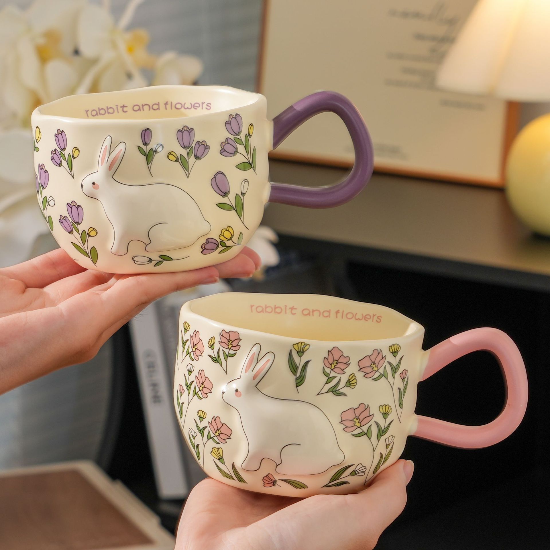 Relief-carved Rabbit Spirit Ceramic Mug With Floral Design
