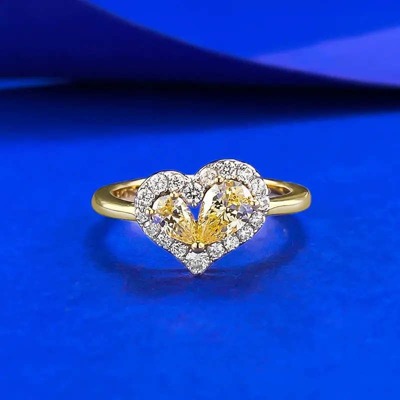 S925 Silver Pear-shaped Yellow Diamond Heart-shaped Ring