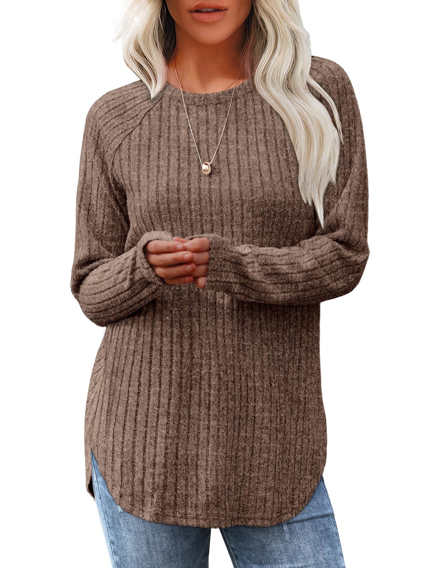 Women&#39;s Loose Round Neck High-Low Curved Hem Tops