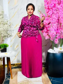Plus Size Slightly Fat Women's Clothing Printed Long-sleeved Top Pleated Skirt - Rose Red - View 1